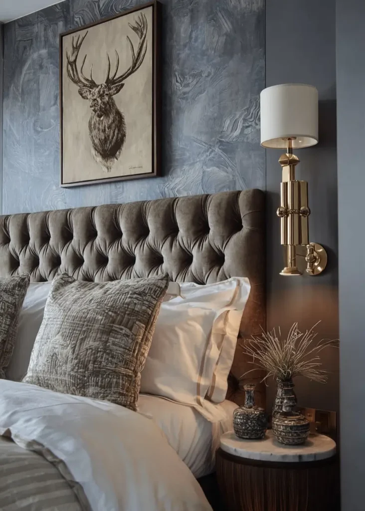 49 Headboard Design Ideas That Instantly Elevate Your Bedroom 46 Chocolate brown diamond button-tufted velvet headboard with brass sconce and neutral bedding.