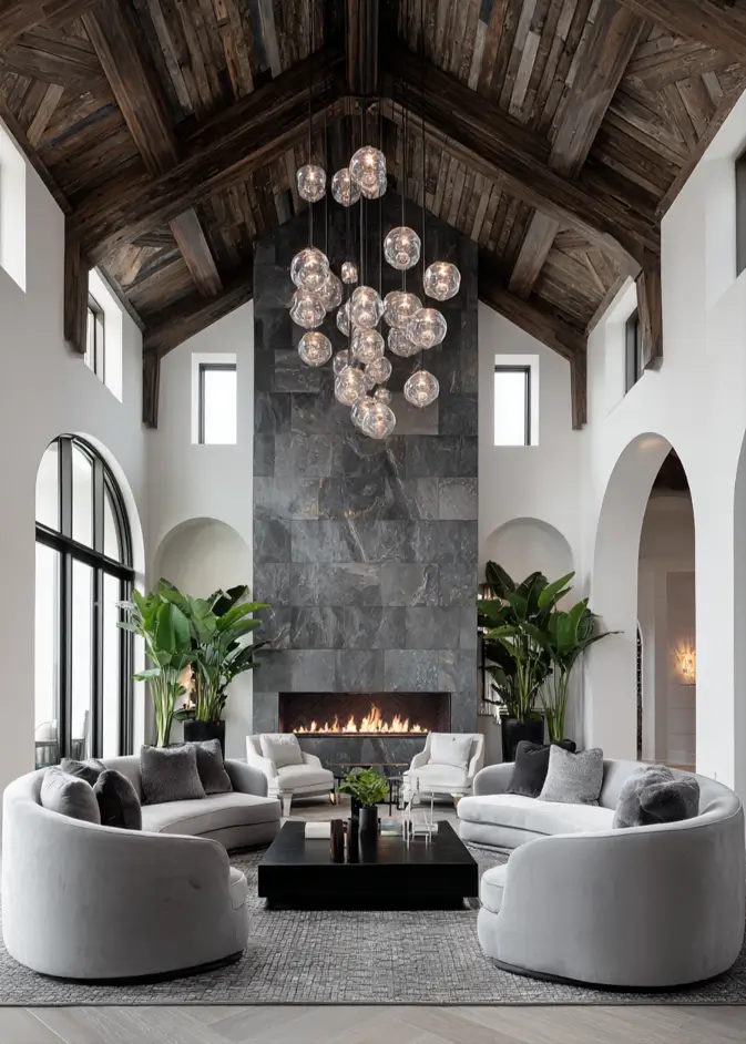 46 Modern Mediterranean Living Room Design Ideas 46 Mediterranean living room design with cascading glass orb chandelier and stone fireplace.