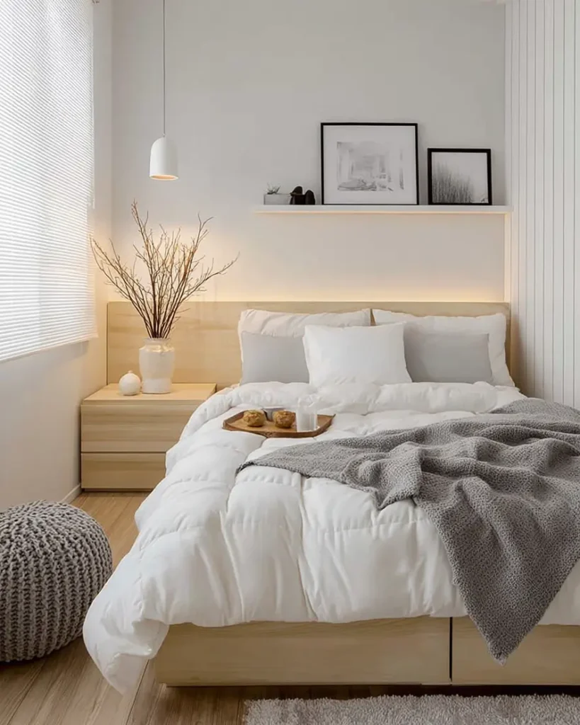 47 Scandinavian Bedroom Interior Design Ideas for a Serene Retreat 46 Minimalist Scandinavian bedroom with a backlit wood headboard, light wood platform bed, and white and grey bedding.