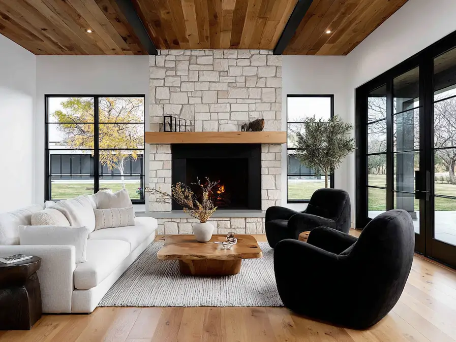 A modern ranch living room with a stone fireplace, wood ceiling, and black-framed doors.
