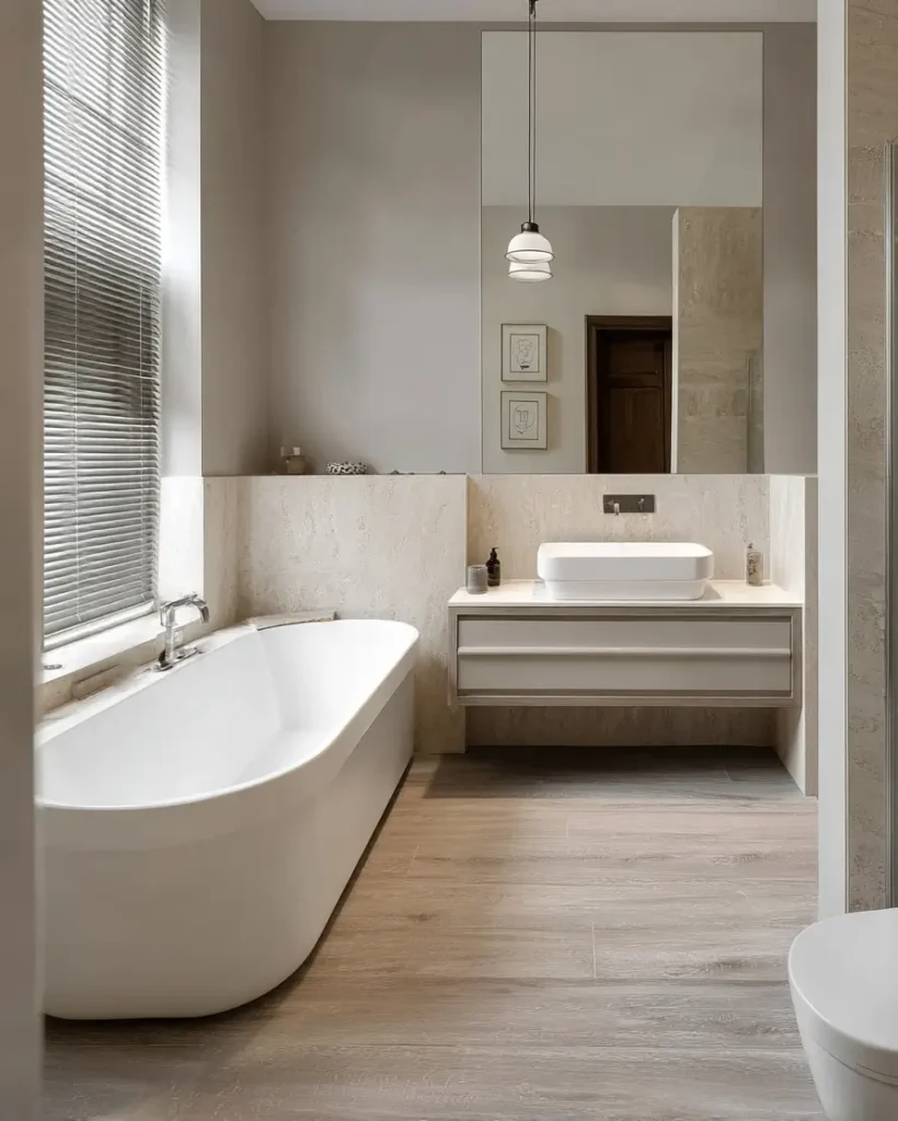 46 Scandinavian Bathroom Design Ideas for a Serene Sanctuary 46 Beige monochrome bathroom with freestanding tub, floating vanity, and large mirror.