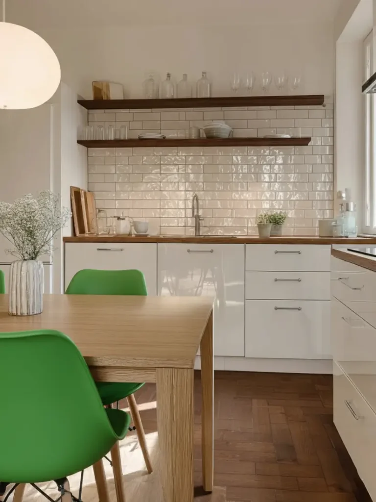 Scandinavian kitchen ideas featuring glossy subway tiles and green dining chairs.