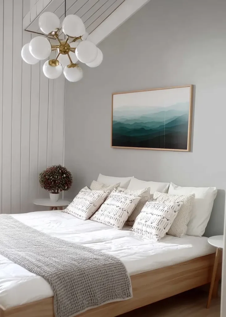 47 Scandinavian Bedroom Interior Design Ideas for a Serene Retreat 47 A modern Scandinavian bedroom with cool grey walls, a statement brass chandelier, and a light wood bed with textured pillows.