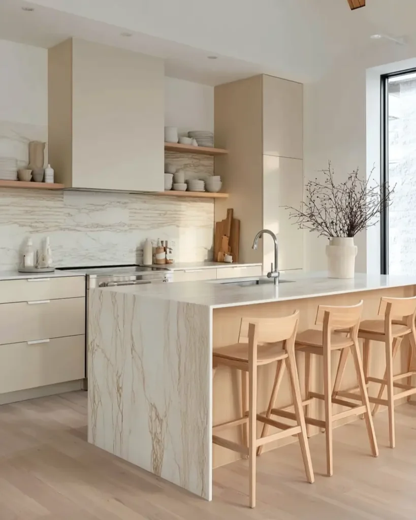 Scandinavian kitchen design featuring branch arrangement and wooden bar stools.