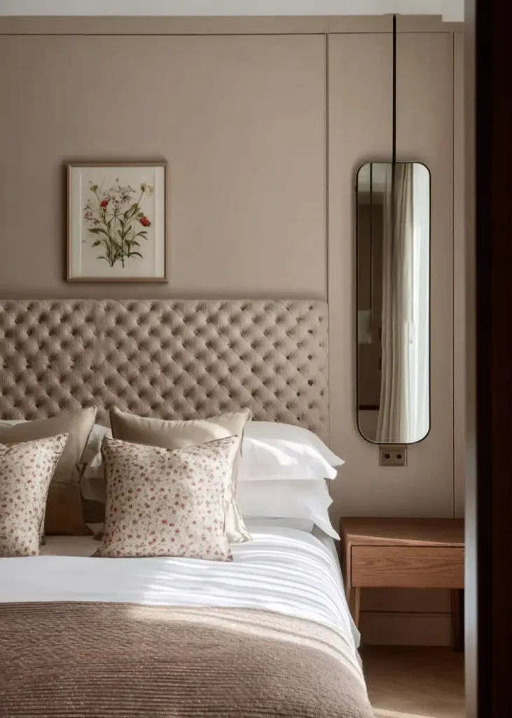 49 Headboard Design Ideas That Instantly Elevate Your Bedroom 47 Taupe velvet diamond button-tufted headboard with floral pillows and modern mirror.