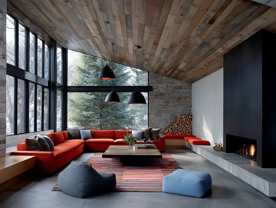 A modern ranch living room with a reclaimed wood ceiling, stone wall, and orange sectional sofa.