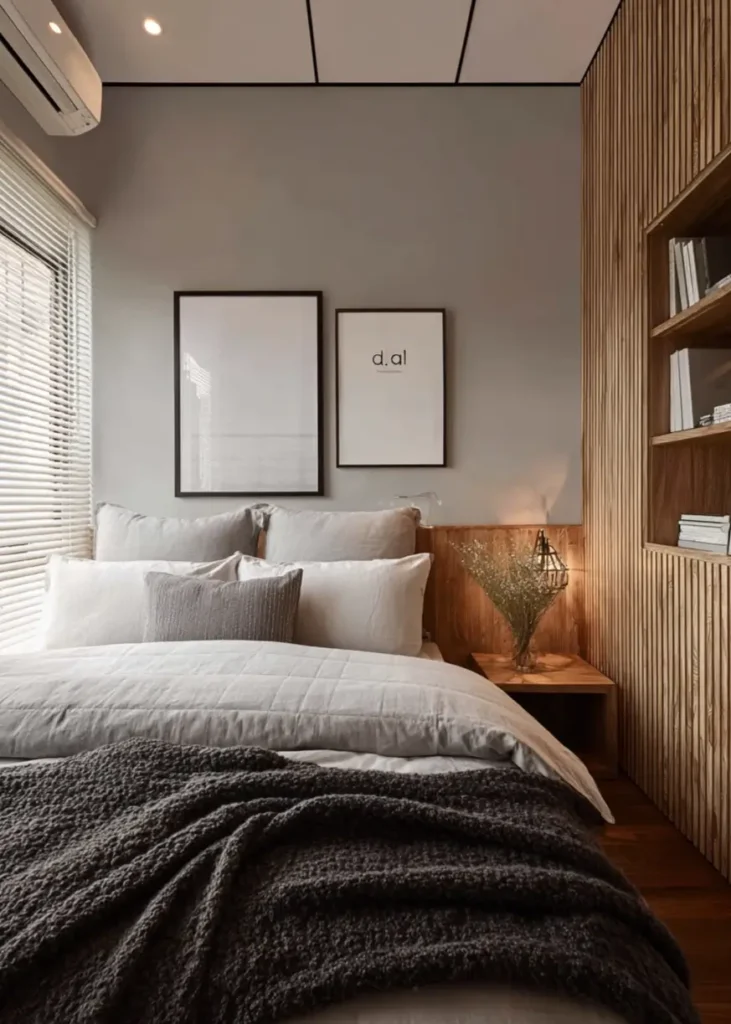 47 Scandinavian Bedroom Interior Design Ideas for a Serene Retreat 48 Modern Scandinavian bedroom with a wood slat feature wall that includes a built-in bookshelf, next to a grey wall.