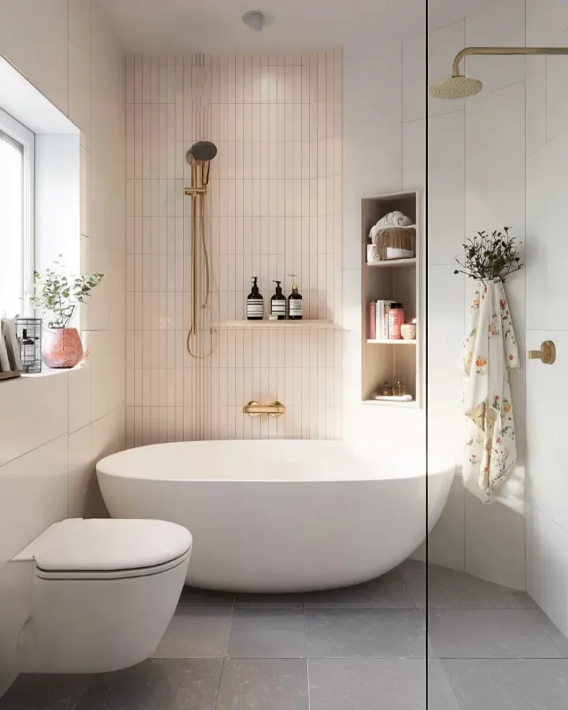 46 Scandinavian Bathroom Design Ideas for a Serene Sanctuary 48 Pale pink vertical grid tiles in a wet room with a white soaking tub and brass shower fixtures.