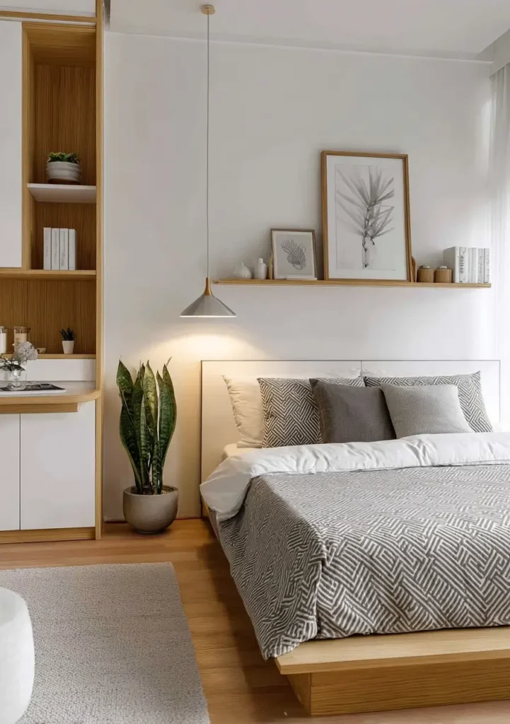 47 Scandinavian Bedroom Interior Design Ideas for a Serene Retreat 49 A minimalist Scandinavian bedroom with white walls, a large light-wood built-in shelving unit, and a bed with grey patterned bedding.