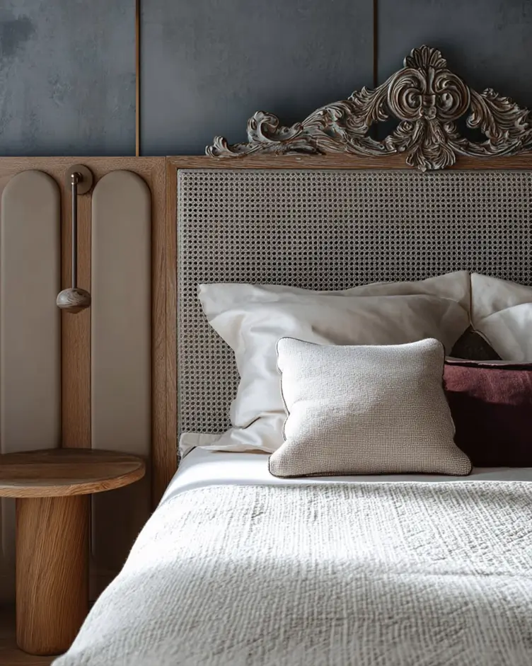 49 Headboard Design Ideas That Instantly Elevate Your Bedroom 49 Ornate carved wood and rattan headboard with French provincial scrollwork and neutral bedding.