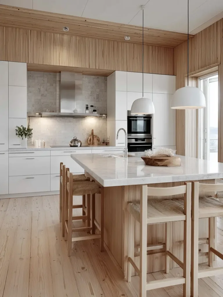 Scandinavian kitchen interior design featuring seamless wood cladding and white island.