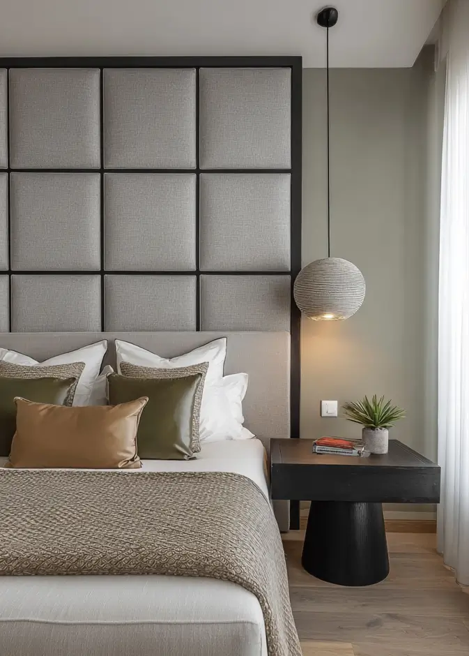49 Headboard Design Ideas That Instantly Elevate Your Bedroom 50 Large grey square panel upholstered headboard with black framing and modern round pendant light.