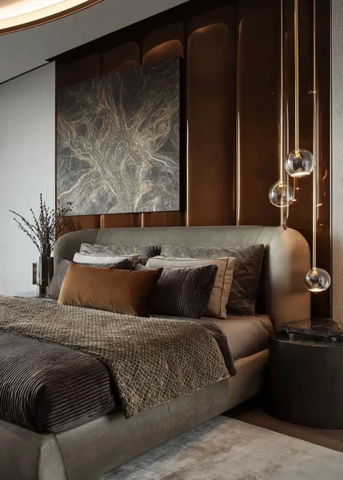 49 Headboard Design Ideas That Instantly Elevate Your Bedroom 51 Bronze metallic vertical panel headboard with integrated lighting and modern glass pendant lights.