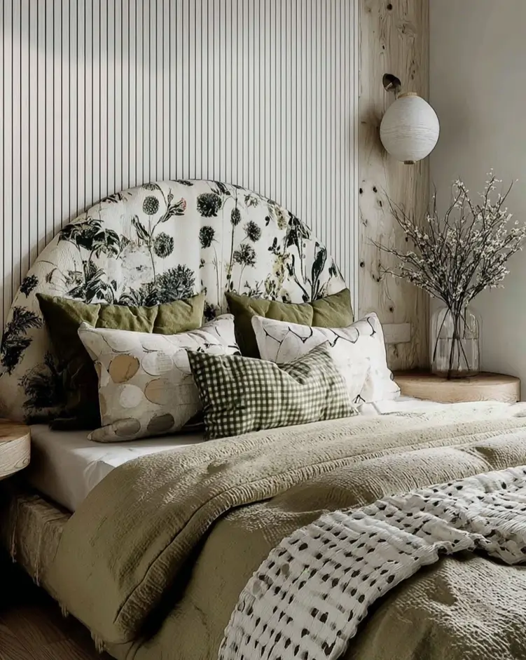 49 Headboard Design Ideas That Instantly Elevate Your Bedroom 7 Arched floral upholstered headboard against white vertical slat wall with green mixed bedding.