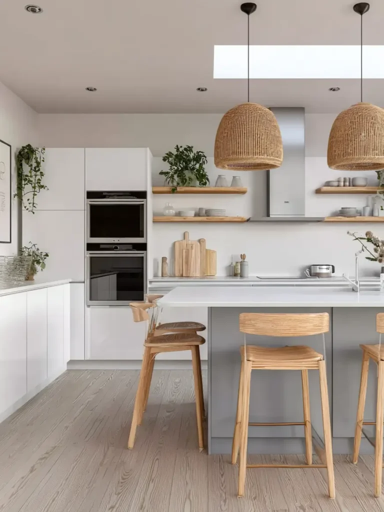 Contemporary Scandinavian kitchen with oversized rattan pendant lights and grey island.
