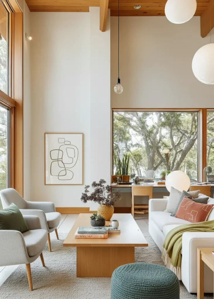 A bright contemporary Scandinavian living room with high ceilings, large windows, and a white sofa with muted color accents.
