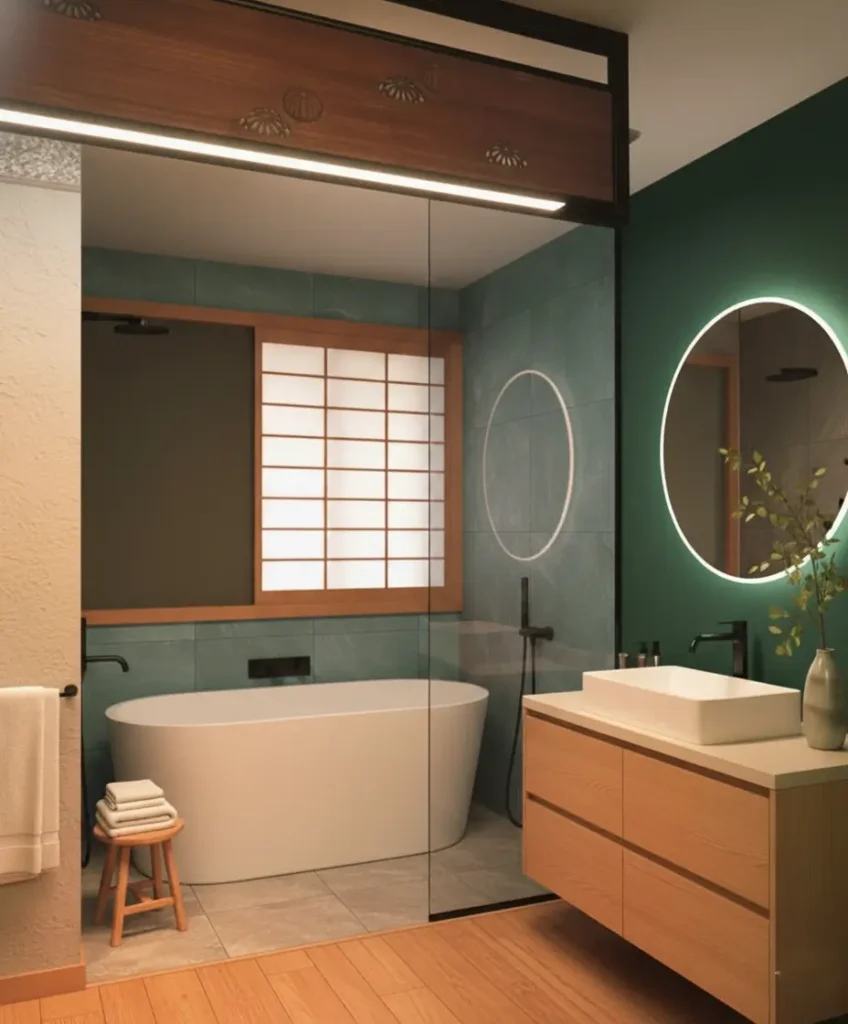 26 Japanese Bathroom Design Ideas for a Serene Home Oasis 7 A Japanese inspired bathroom with a green wall, light wood vanity, freestanding tub, and a shoji screen.