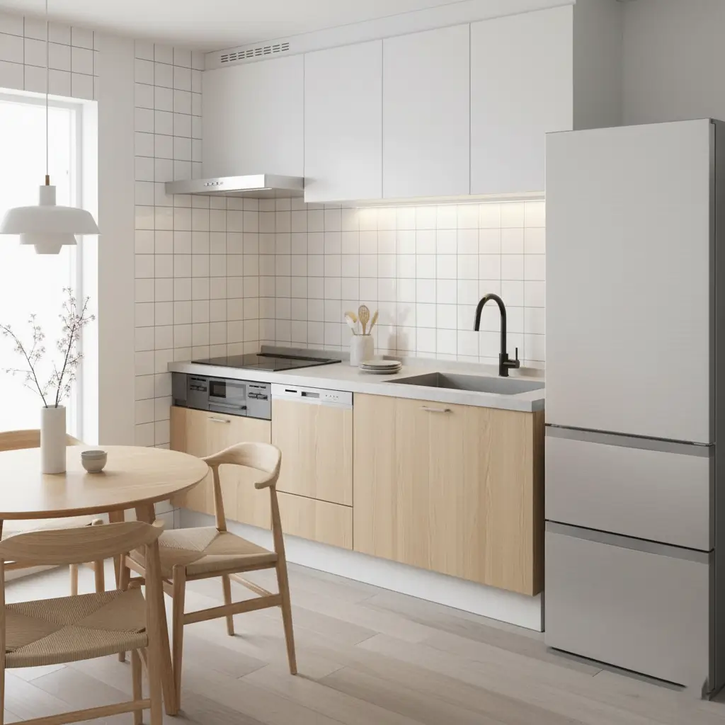 A bright Japanese inspired kitchen with white upper cabinets, light wood lower cabinets, and a white grid tile backsplash.