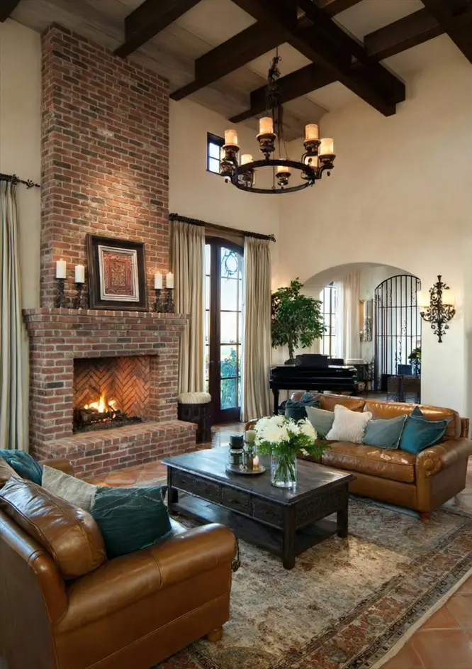 46 Modern Mediterranean Living Room Design Ideas 7 Cozy Mediterranean living room with exposed red brick walls and rustic iron accents.