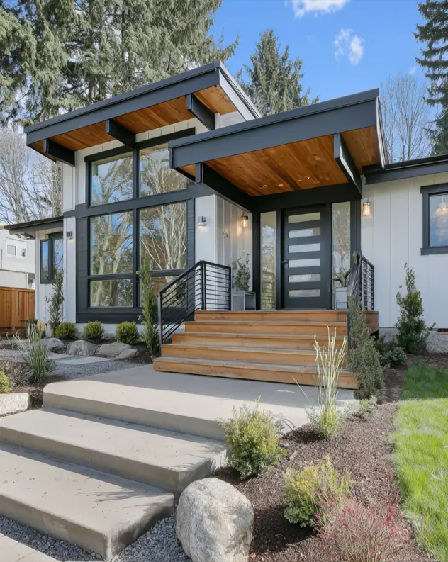 37 Mid Century Modern House Exteriors to Inspire Your Renovation 7 A contemporary mid century modern house exterior with white siding, natural wood roof overhangs, and black trim.