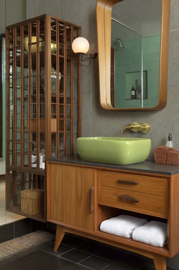 43 Mid Century Modern Small Bathroom Ideas for a Timeless Oasis (2025) 7 Lime green vessel sink and open grid wooden shelving in a mid century small bathroom.