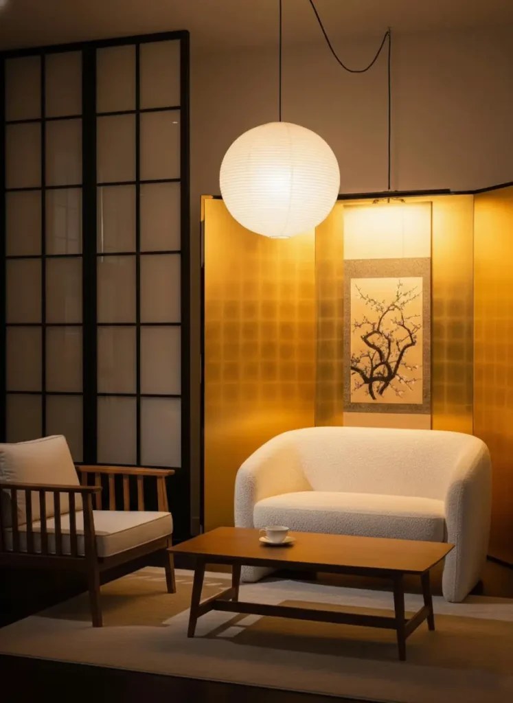A Japandi seating area with a traditional gold screen, a white bouclé sofa, and a paper lantern.