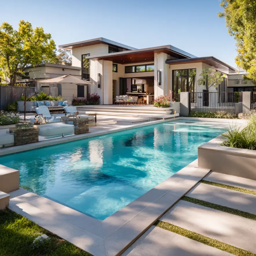 A modern ranch home backyard with a large pool and patio, showcasing indoor-outdoor living.