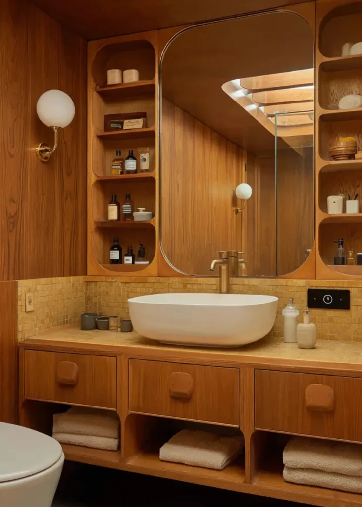 46 Scandinavian Bathroom Design Ideas for a Serene Sanctuary 7 Wooden vanity with rounded details and large mirror in a warm Scandinavian bathroom with mosaic tiles.