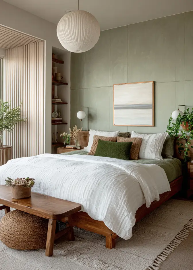 47 Scandinavian Bedroom Interior Design Ideas for a Serene Retreat 7 A modern Scandinavian bedroom with textural sage green walls, a rustic wood bed, and a large paper pendant light.