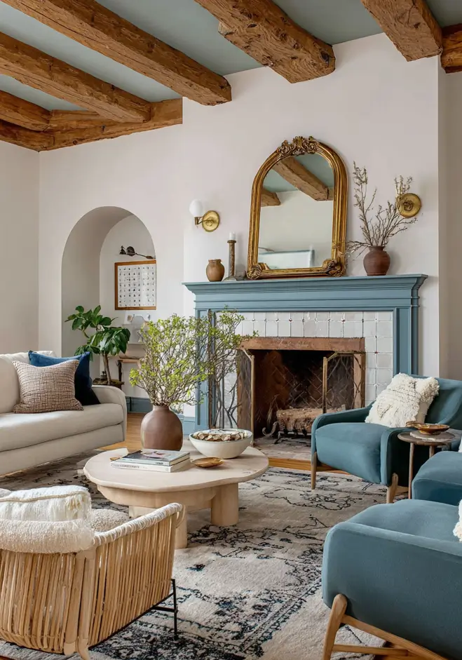 Modern Tudor Interior Design: A Definitive Guide 7 Living room with exposed rustic ceiling beams, light neutral walls, and a modern blue fireplace mantel.