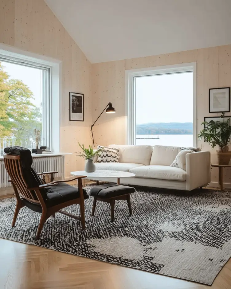 35 Scandinavian Living Room Ideas for a Cozy, Minimalist Home 7 Light herringbone wood flooring in a minimalist Scandinavian living room with cream sofa and black accent chair.