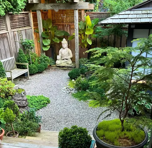 A small meditative garden corner with a Buddha statue, gravel, and a wooden bench.