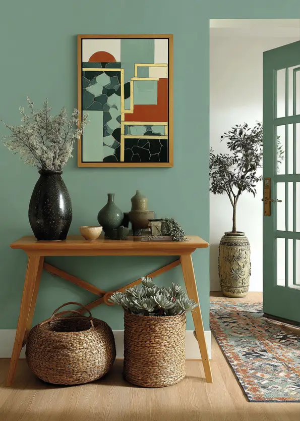 Welcoming entryway with soft jade green walls and a matching door, styled with a wood console table.
