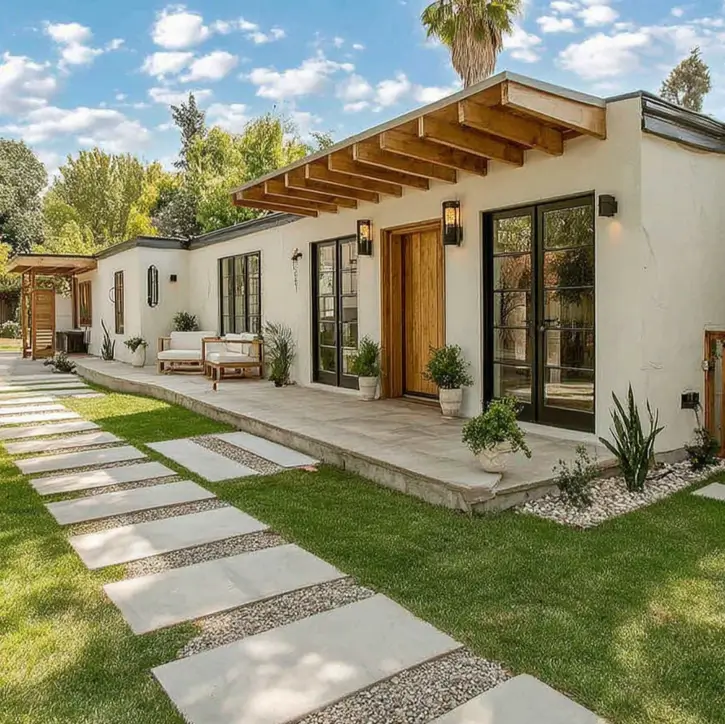 A white modern ranch style house with a pergola, wood door, and a geometric paver path.