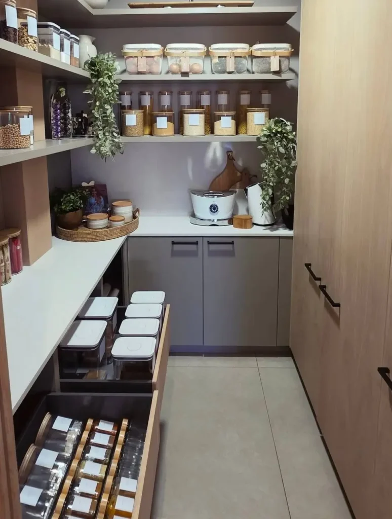 Smart storage solution for a Scandinavian kitchen featuring organized pantry shelves.