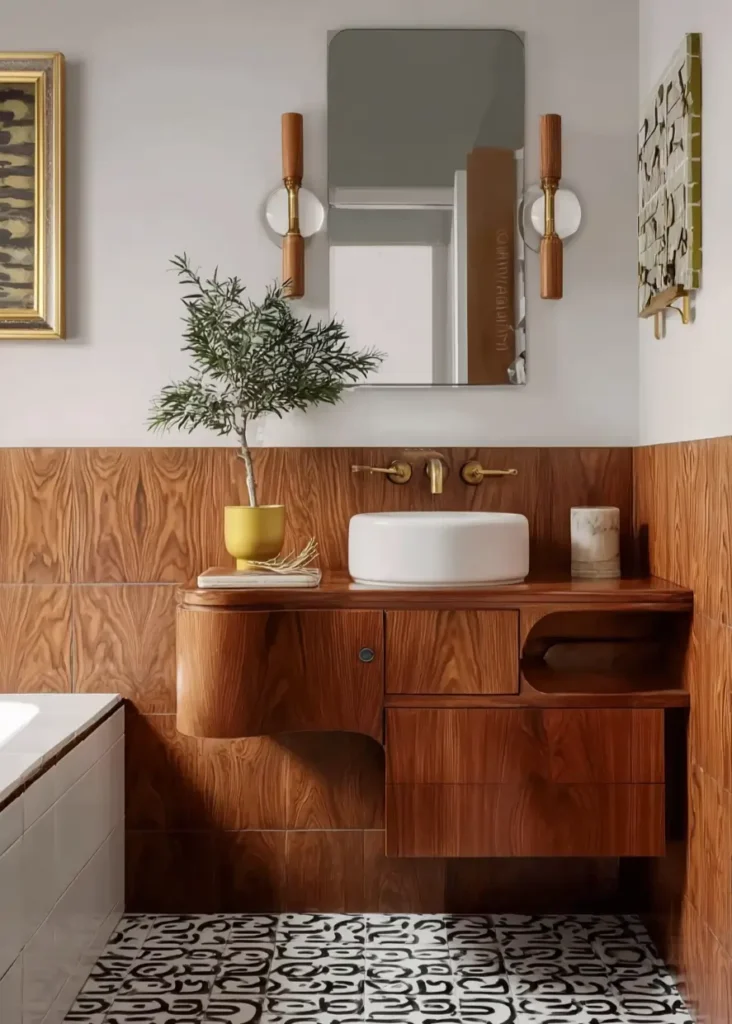 43 Mid Century Modern Small Bathroom Ideas for a Timeless Oasis (2025) 8 Asymmetric floating wood vanity with timber wainscoting and black and white patterned floor tiles.