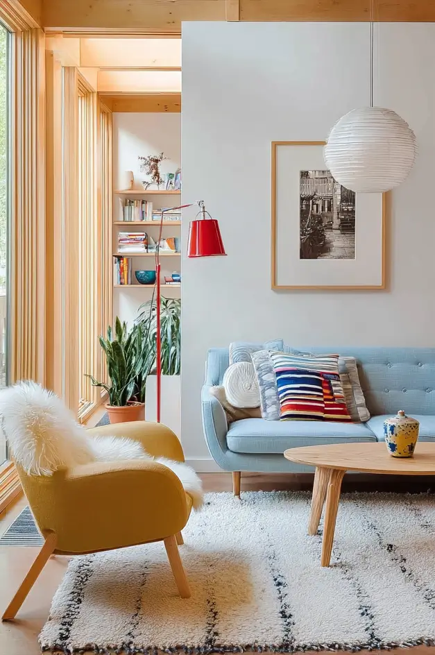 A contemporary Scandinavian living room with a blue sofa, yellow armchair, and a striking red floor lamp.