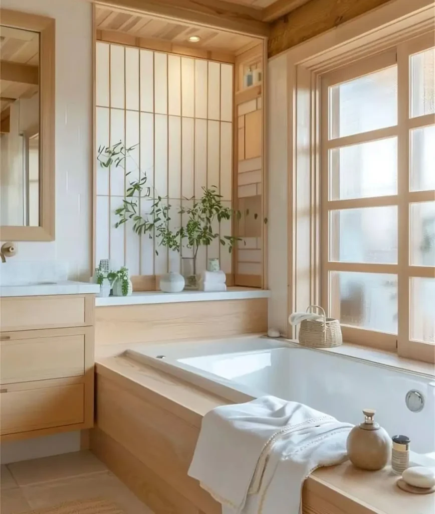 26 Japanese Bathroom Design Ideas for a Serene Home Oasis 8 A bright Japanese bathroom design with a light wood vanity, built-in tub, and a shoji panel diffusing light.