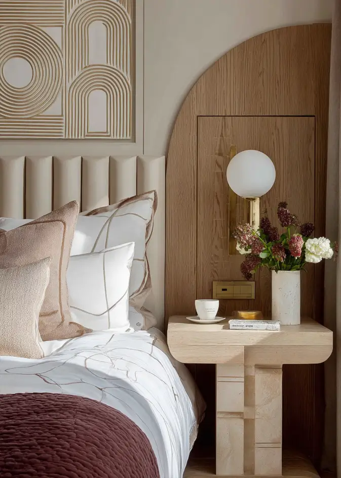 49 Headboard Design Ideas That Instantly Elevate Your Bedroom 8 Cream channel tufted headboard layered with a large wooden arch panel framing the nightstand.