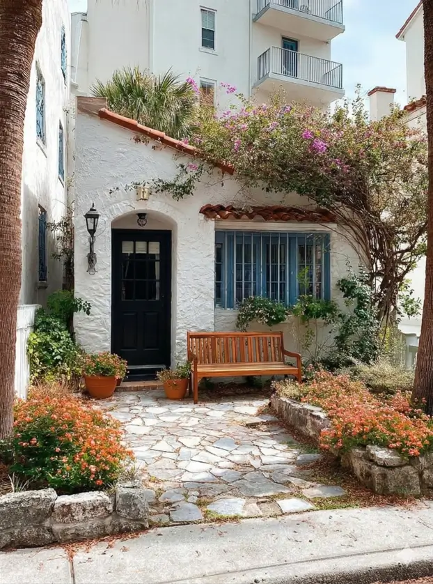 38 Small Mediterranean-Style Homes That Define Coastal Charm 8 Intimate small Mediterranean home courtyard with white stucco, terracotta roof tiles, and vibrant pink bougainvillea.