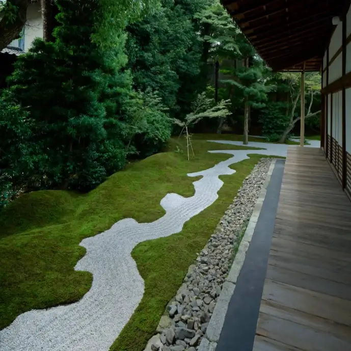 Minimalist Japanese zen garden with a white gravel river flowing through green moss.