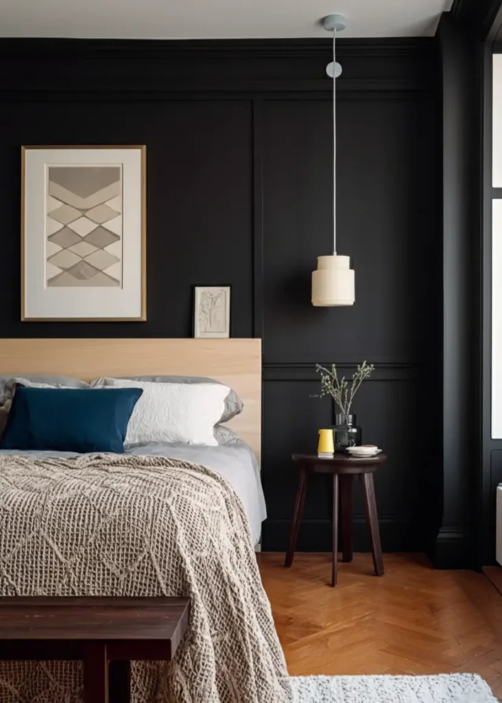 47 Scandinavian Bedroom Interior Design Ideas for a Serene Retreat 8 A modern Scandinavian bedroom with matte black paneled walls, a light oak headboard, and herringbone floors.