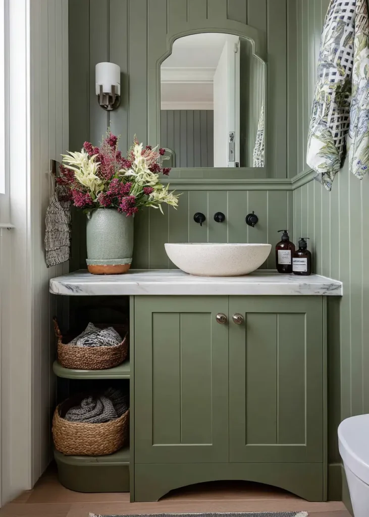 46 Scandinavian Bathroom Design Ideas for a Serene Sanctuary 8 Sage green beadboard walls and vanity with marble top in a rustic Scandinavian bathroom.