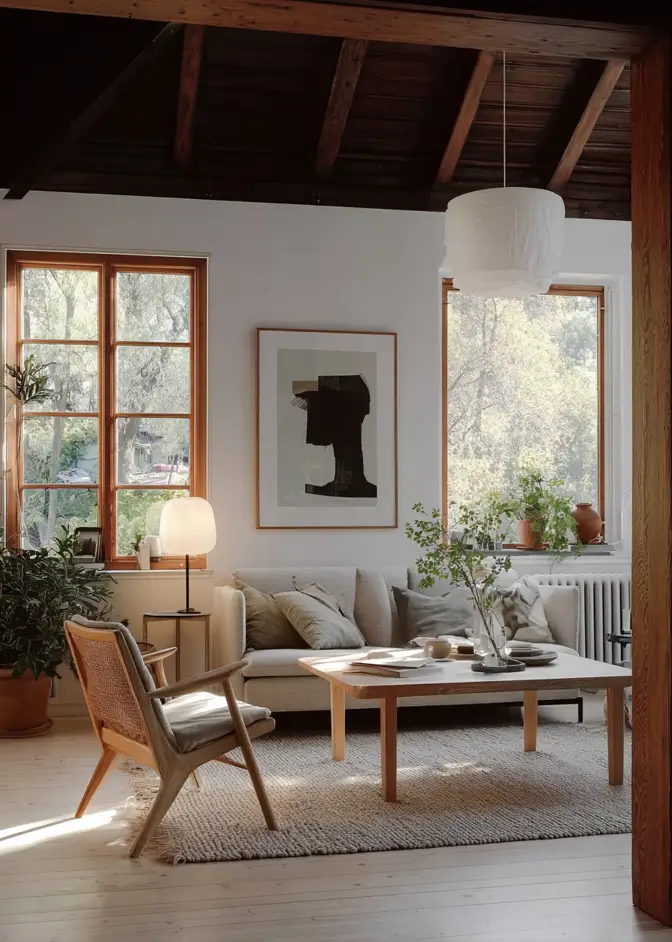 35 Scandinavian Living Room Ideas for a Cozy, Minimalist Home 8 Rustic dark timber ceiling beams contrasting with light walls in a cozy Scandinavian living room.