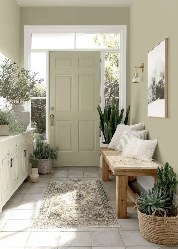 Airy entryway with pale, warm green interior paint on both walls and door, with a rustic wood bench.