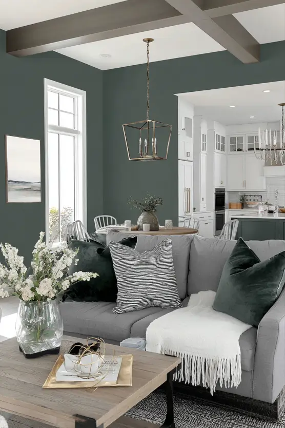 Open-plan living room with a deep charcoal-green accent wall that connects to a green kitchen island.