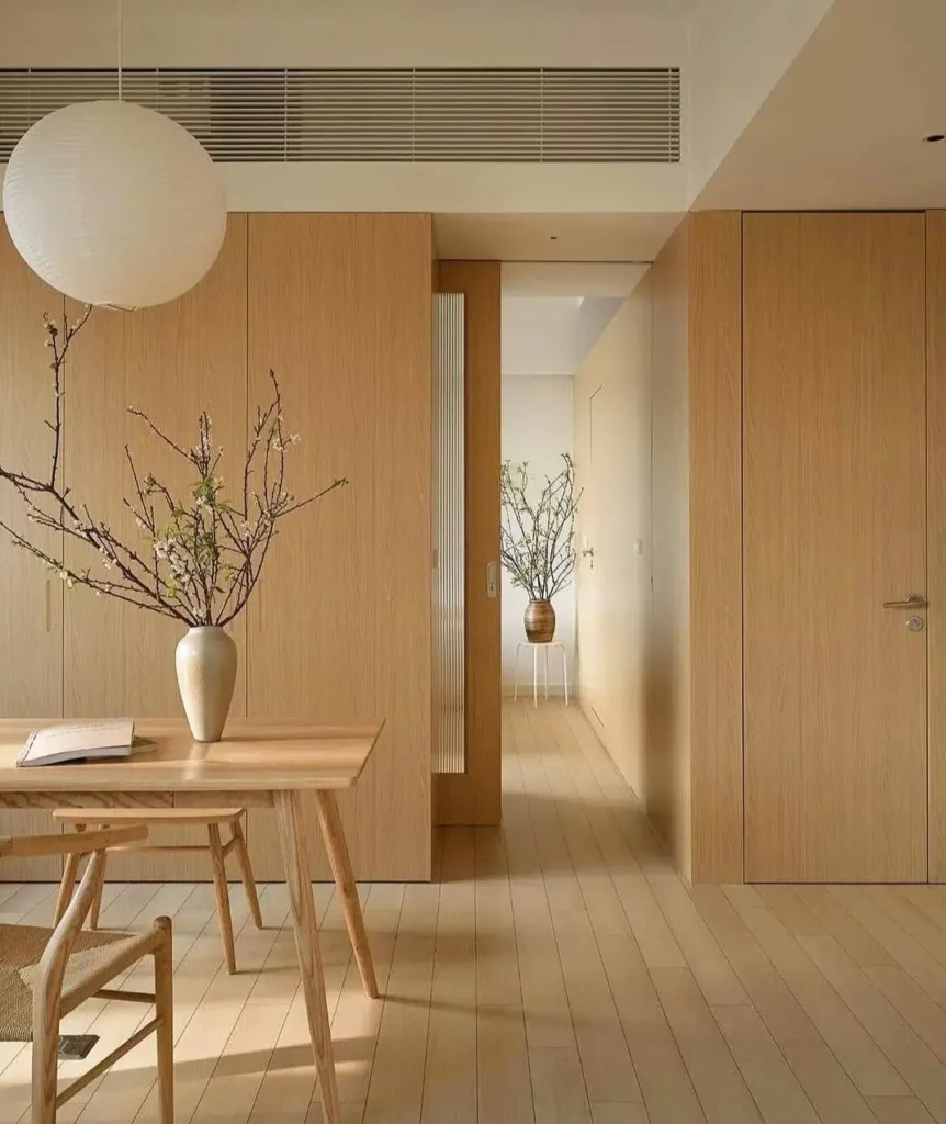 A Japandi dining room wrapped in light wood, featuring a simple dining set and a large paper lantern.