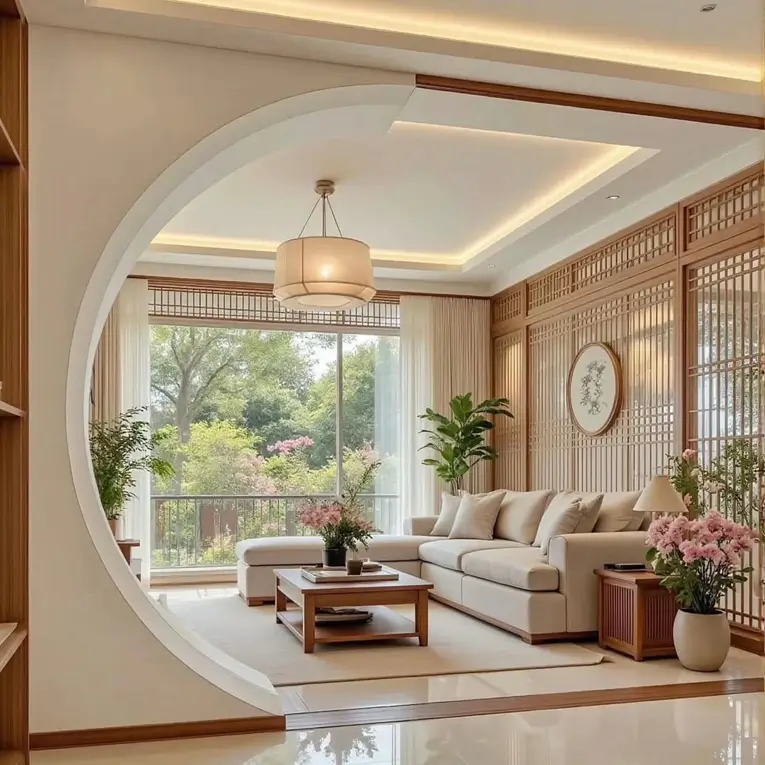 Living room framed by a circular 'moon gate' entrance, featuring Japanese living room decor like wood lattice walls.