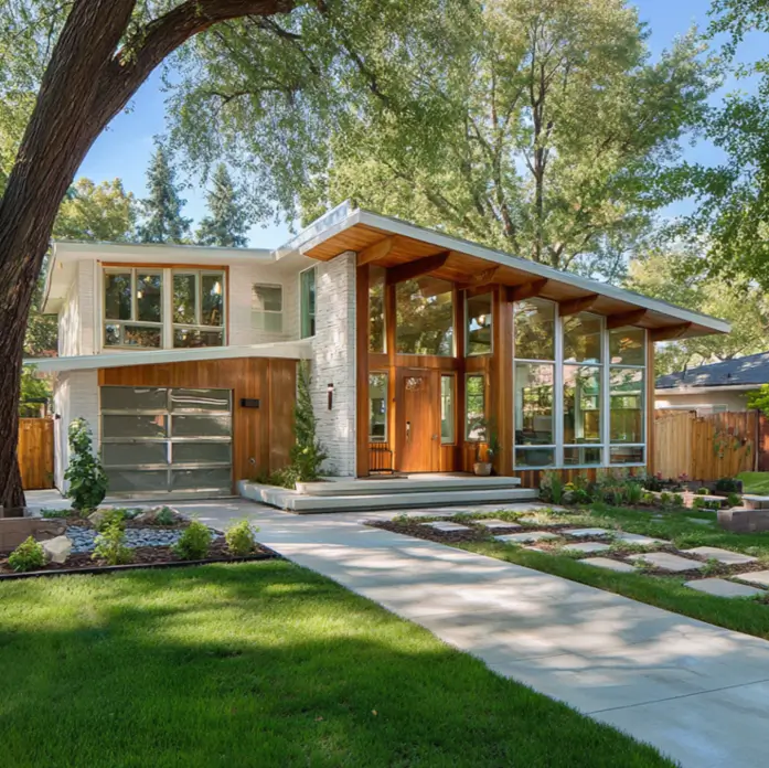 37 Mid Century Modern House Exteriors to Inspire Your Renovation 9 A mid century modern home exterior with a sloped roof, white brick, wood siding, and a tall glass entryway.