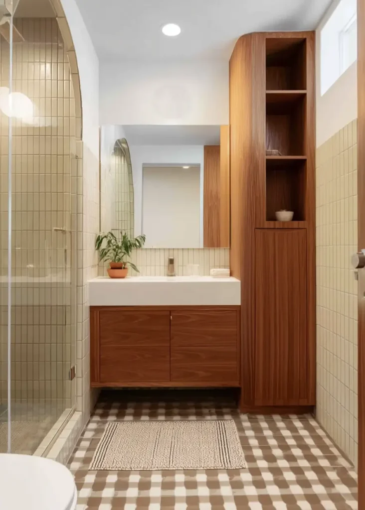 43 Mid Century Modern Small Bathroom Ideas for a Timeless Oasis (2025) 9 Tall wooden corner cabinet with rounded edges and arched shower entry in a mid century small bathroom.